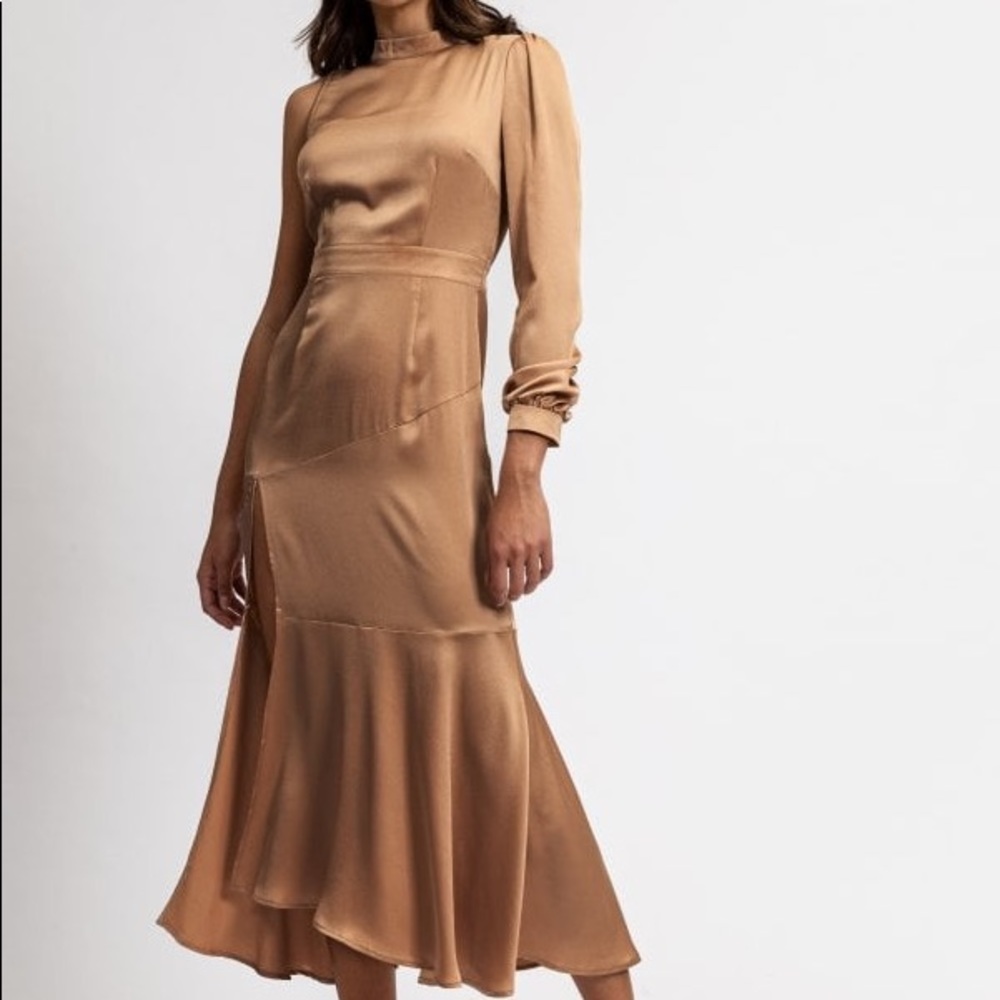 Liquorish Camel One Sleeve High Neck Dress